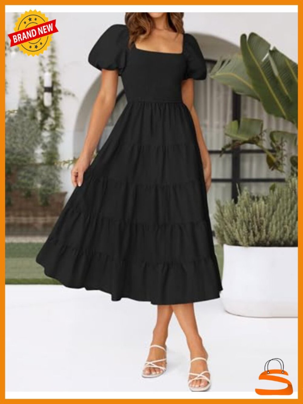 Women's Puff Sleeve Midi Dress Square Neck Smocked High Waist Flowy Tiered - Picture 3 of 6
